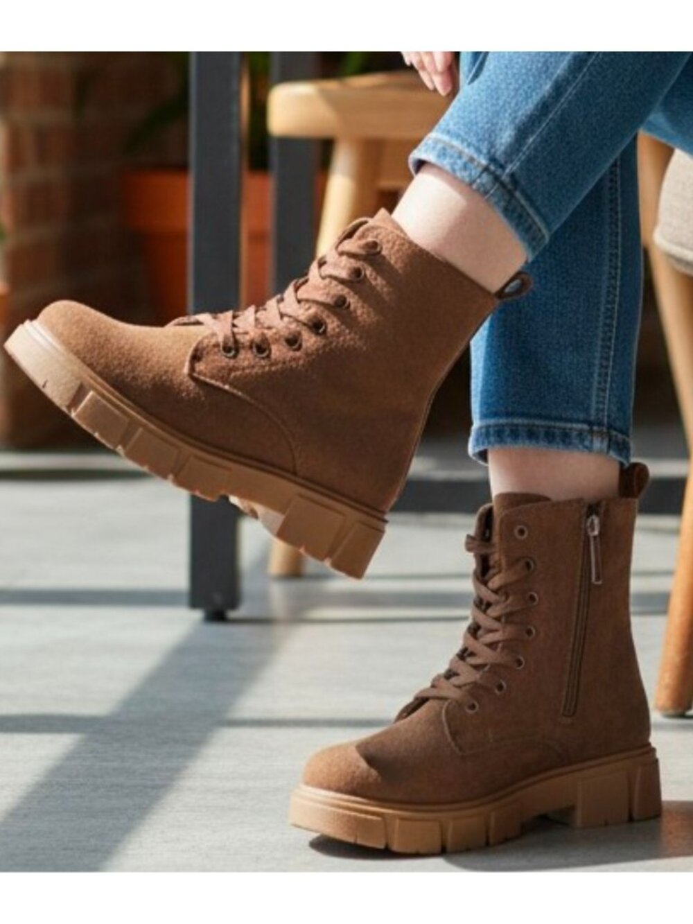 Chunky Sole Brown Faux Suede Combat Boots With Side Zipper & Lace-Up Closure For